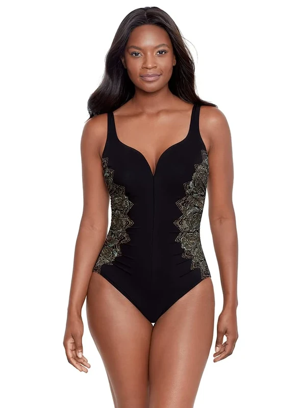 Miraclesuit Women's Slimming Swimwear Temptress Tummy Control Soft Cup One Piece Swimsuit, Black/Multi, 8