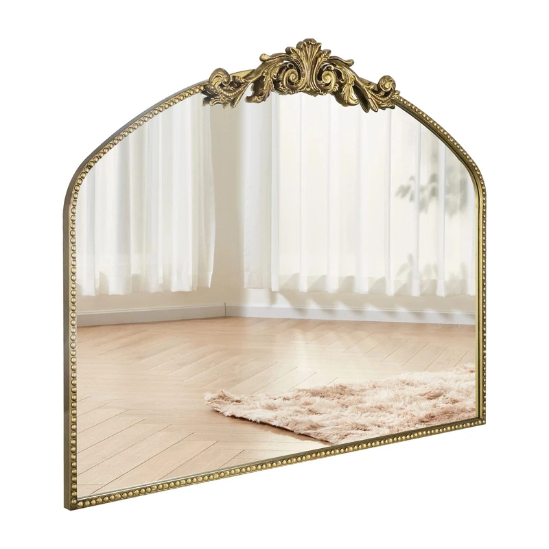 CASOLLY Gold Arched Mirror 40"X31", Vintage Antique Baroque Mantel Mirror with Ornate Metal Frame, Victorian Dress Wall Mirror for Entryway/Fireplace/Living Room/Hallway/Bathroom/Bedroom