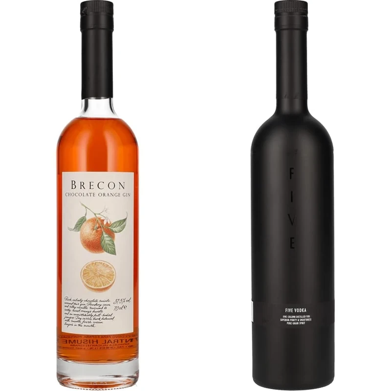 Brecon Chocolate Orange Gin, 37.5% ABV, 70 cl, Award Winning & Five Vodka, 70 cl