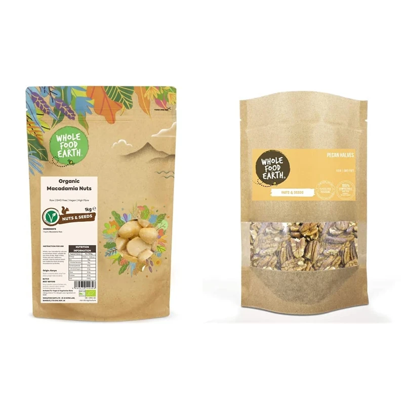 Wholefood Earth Organic Macadamia Nuts 1 kg Raw | GMO Free | Vegan | High Fibre | Certified Organic & Pecan Halves, 1 kg