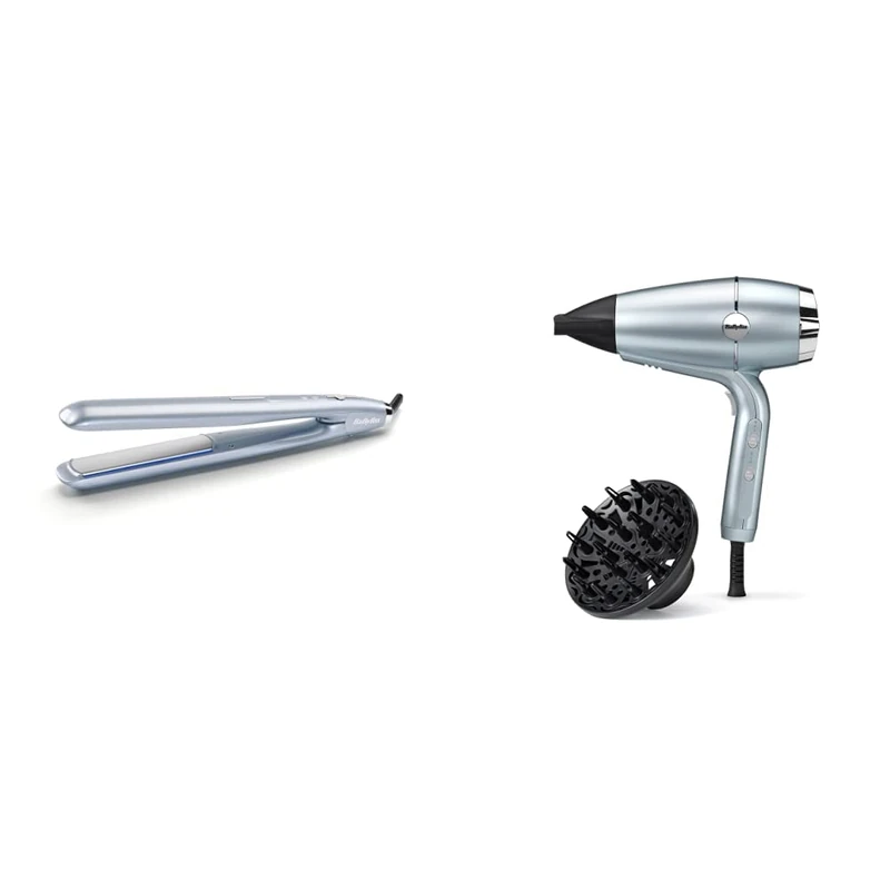 BaByliss Hydro-Fusion Hair Straightener and Styler, Blue & 2100 Hydro-Fusion Hair Dryer, Smooth Blow-Dry, Dual Ionic System, Super Conditioning, Advanced Airflow Technology, with Diffuser