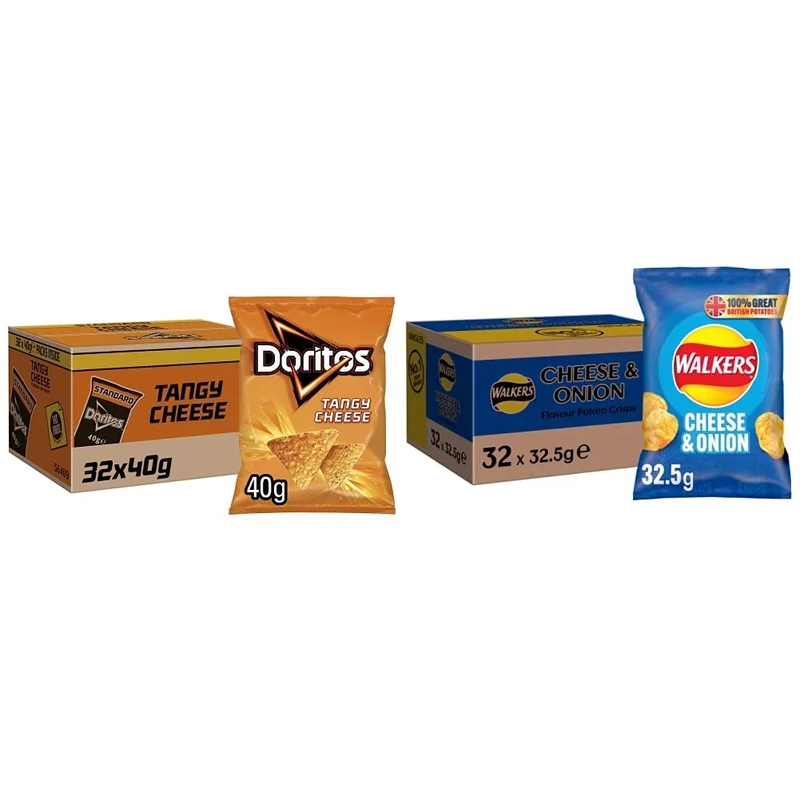 Doritos Tangy Cheese Tortilla Chips, 40g (Case of 32) & Walkers Cheese and Onion Crisps, 32.5g (Case of 32)