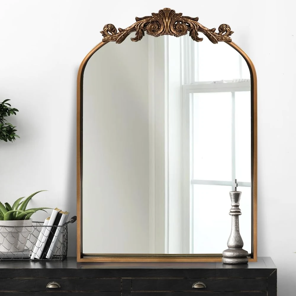 OUSHUAI Gold Brass Victorian Baroque Arched Mirror, 19"X27" for Bathroom/Living Room/Hallway/Fireplace