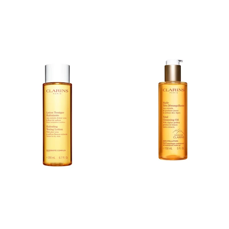 Clarins Hydrating Toning Lotion, Transparent, 200 ml, 6.7 fl oz & Total Cleansing Oil, One Size