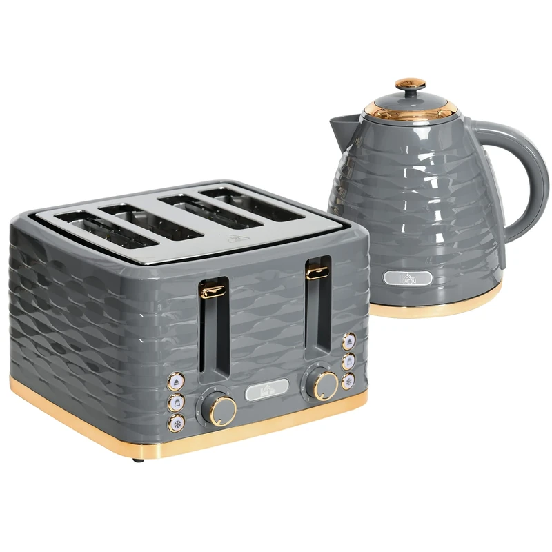 HOMCOM Kettle and Toaster Sets, 3000W 1.7L Rapid Boil Kettle & 4 Slice Toaster with 7 Browning Controls, Defrost, Reheat and Crumb Tray, UK Otter Thermostat, Grey