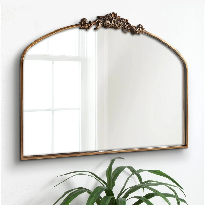 OUSHUAI Gold Arched Mirror for Wall - Baroque Fireplace Decor, Brass Victorian Vintage With Full Metal Frame, Ornate for Entryway/Bathroom/Living Room/Hallway 36"X30"