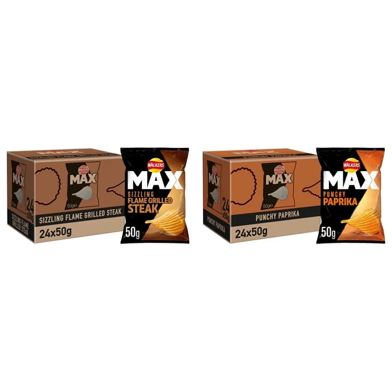 Walkers Max Flame Grilled Steak Crisps, 50 g, Pack of 24 & Max Paprika Crisps, 50 g, Pack of 24