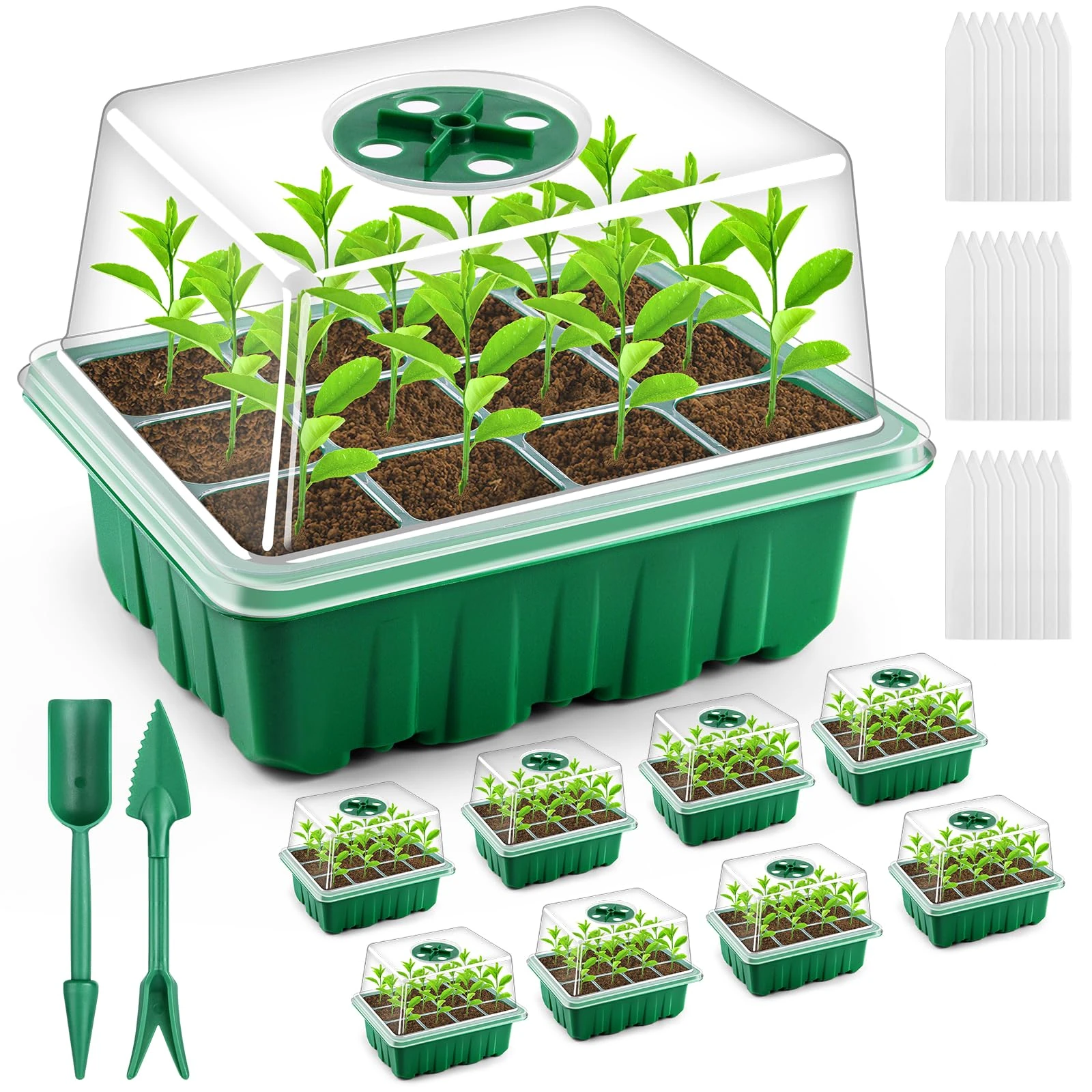 ASTARON 12-Pack Seed Trays, 144-Cell Reusable Seed Propagators with Lids Thicken Seed Starter Tray for Seedlings, Germination Trays for Seedling Mini Indoor Greenhouse for Seeds Growing