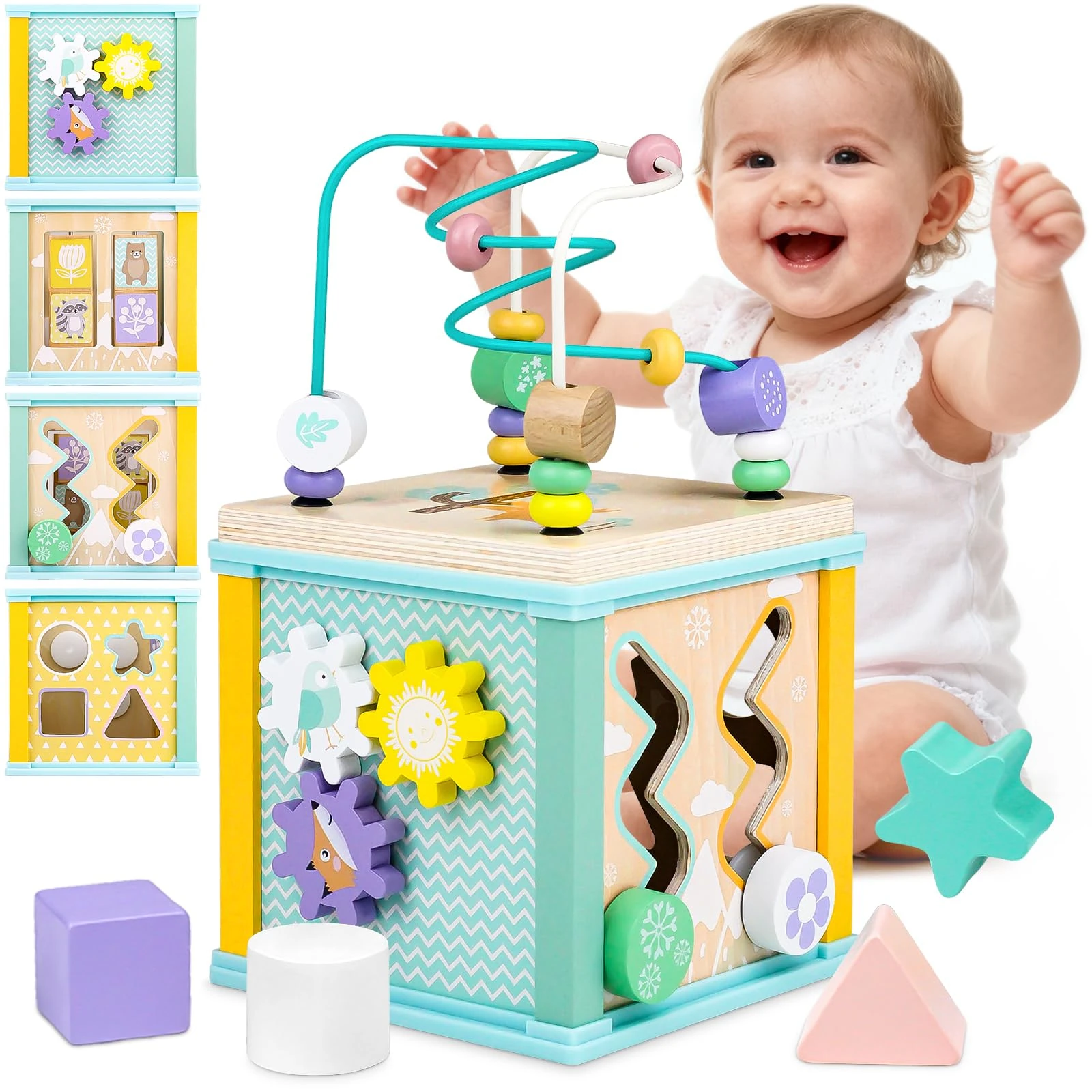 Airlab Wooden Activity Cube Toys, Baby Toys for 1 Year Old, 1st Birthday Gifts for Boys Girl Toddlers, Bead Maze Shape Sorter Sensory Toys, Montessori Educational Learning Presents for Kids Age 1 2 3