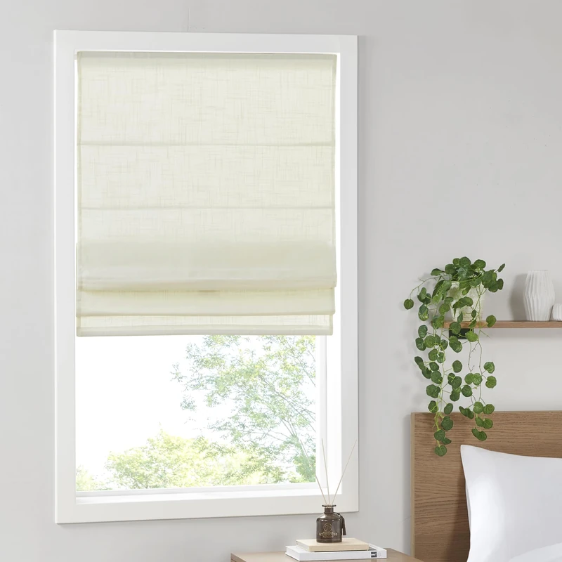 Madison Park Kyler Cordless Roman Shades - Single Panel, Lightweight Linen Blend Fabric, Natural Design, Easy Installation, Light Filtering Window Blind, Bedroom, Living Room Decor 34"W x 64"L White