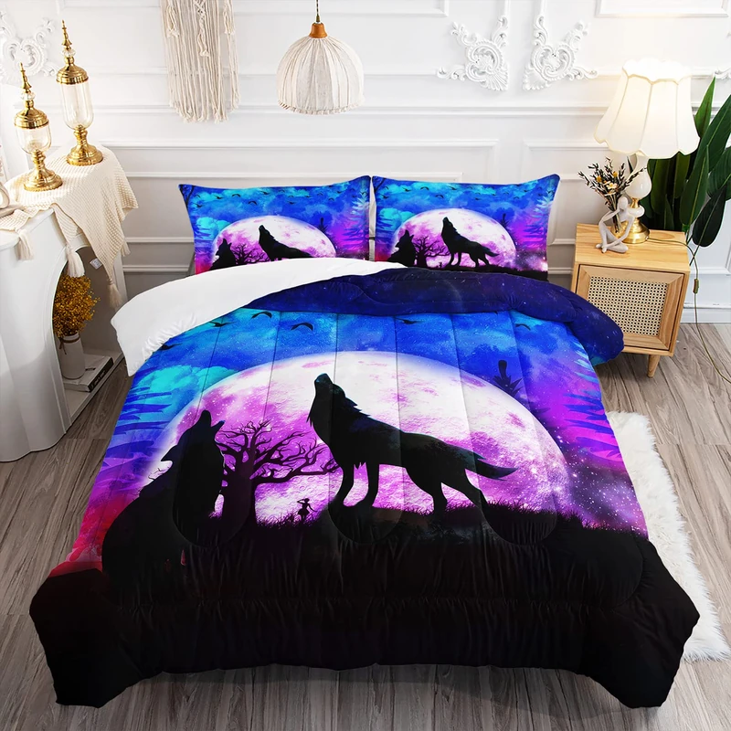 XYNHML Wolf Comforter Set Galaxy Wolf Night Moon Bedding Set for Kids Teens Room Decor Wild Animals Comforter with 2 Pillowcases