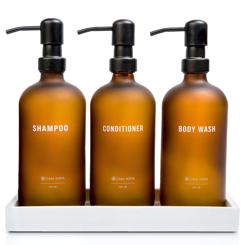 Casa Sofia Shampoo and Conditioner Dispenser (Set of 3,16oz) - Shower Soap Bottles, Refillable Body Wash Dispensers with Pump, Modern Frosted Amber Glass Guest Bathroom Decor Essentials Bottle & Tray