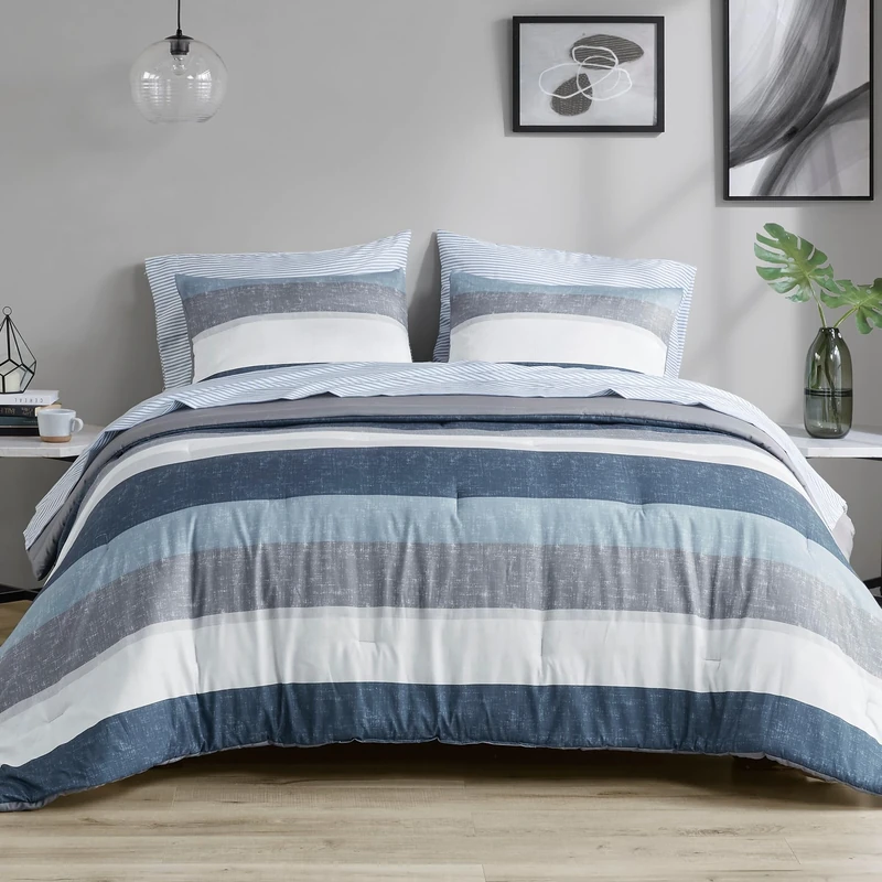 Madison Park Essentials Jaxon Bed in a Bag Comforter Set with Sheet, Printed Stripe Design, Modern All Season Bedding and Matching Sham, King Blue/Grey 7 Piece