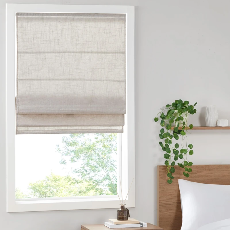 Madison Park Kyler Cordless Roman Shades - Single Panel, Lightweight Linen Blend Fabric, Natural Design, Easy Installation, Light Filtering Window Blind, Bedroom, Living Room Decor 27"W x 64"L Natural