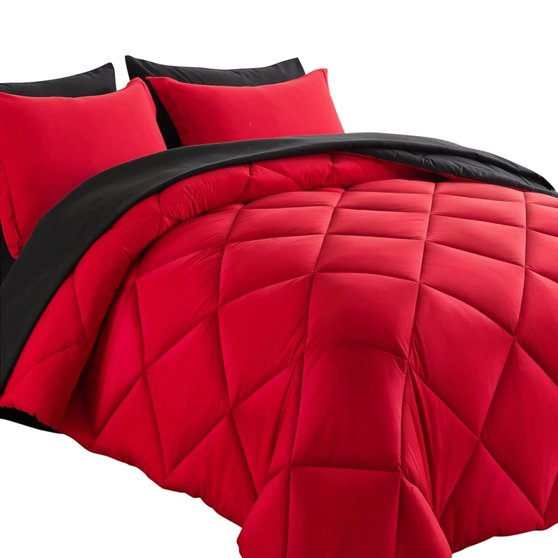 Cosybay Bed in a Bag King Reversible Comforter Sets 7pcs All Season Down Alternative Bedding Sets Red and Black with Comforter, Pillow Shams, Flat Sheet, Fitted Sheet and Pillowcase