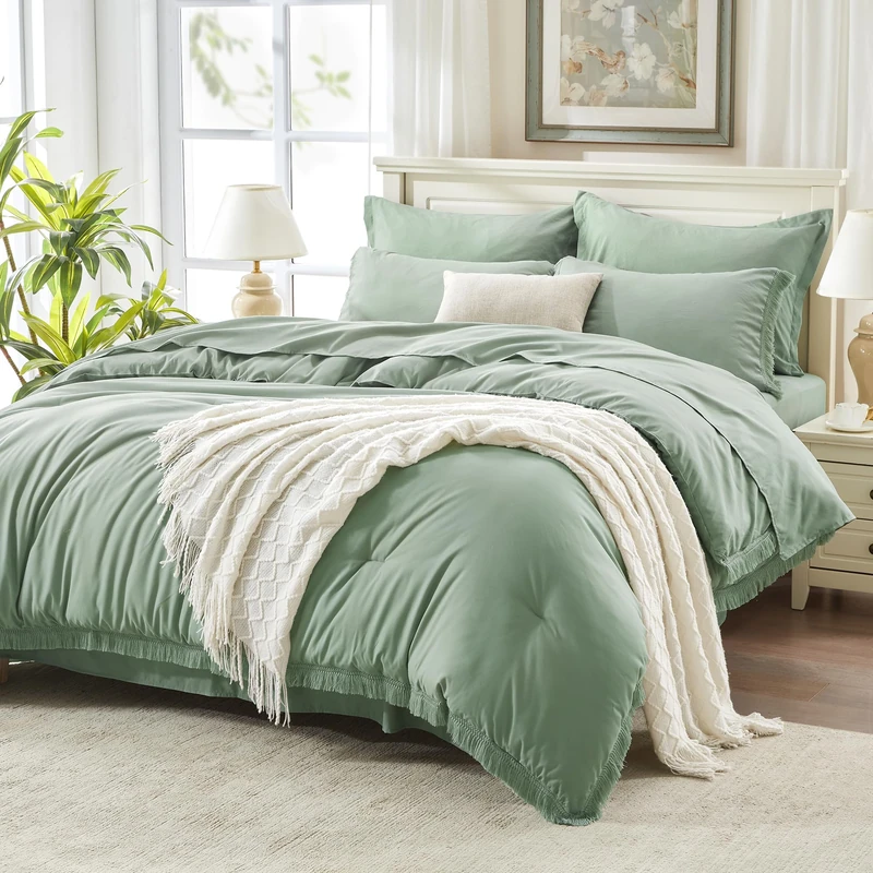 Andency Full Comforter Set, 7 Pieces Sage Green Bedding