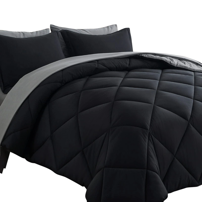 Cosybay Bed in a Bag Full Reversible Comforter Sets 7pcs All Season Down Alternative Bedding Sets Black and Grey with Comforter, Pillow Shams, Flat Sheet, Fitted Sheet and Pillowcase
