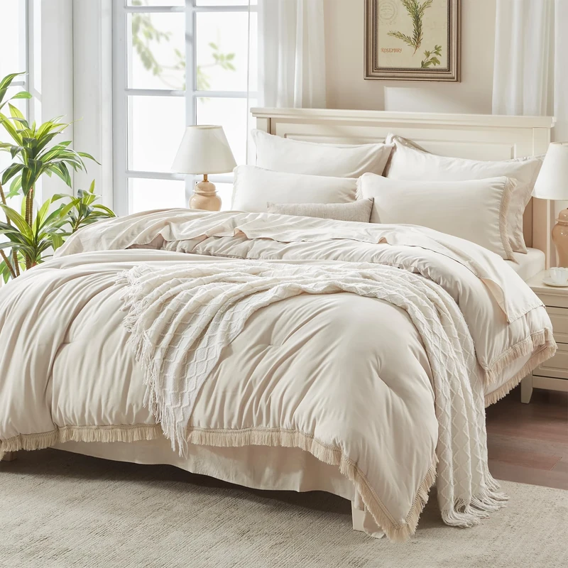 Andency Beige Comforter Set King Size with Sheets -7 Pieces Boho Tassel Bed in a Bag Soft Lightweight Bedding Sets, All Season Fringe Bed Set with Comforter, Sheets, Pillowcases & Shams