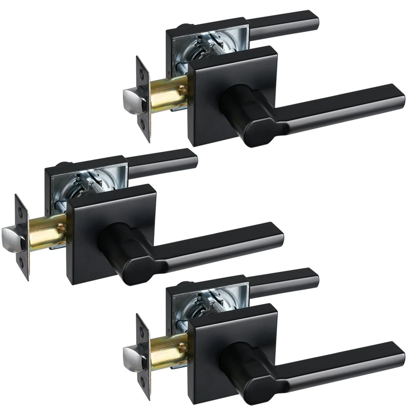 HISAFE Passage Door Lever (No Lock), Heavy Duty Interior Square Handle for Hallway and Closet, Matte Black, Reversible for Right&Left Handed, 3Packs