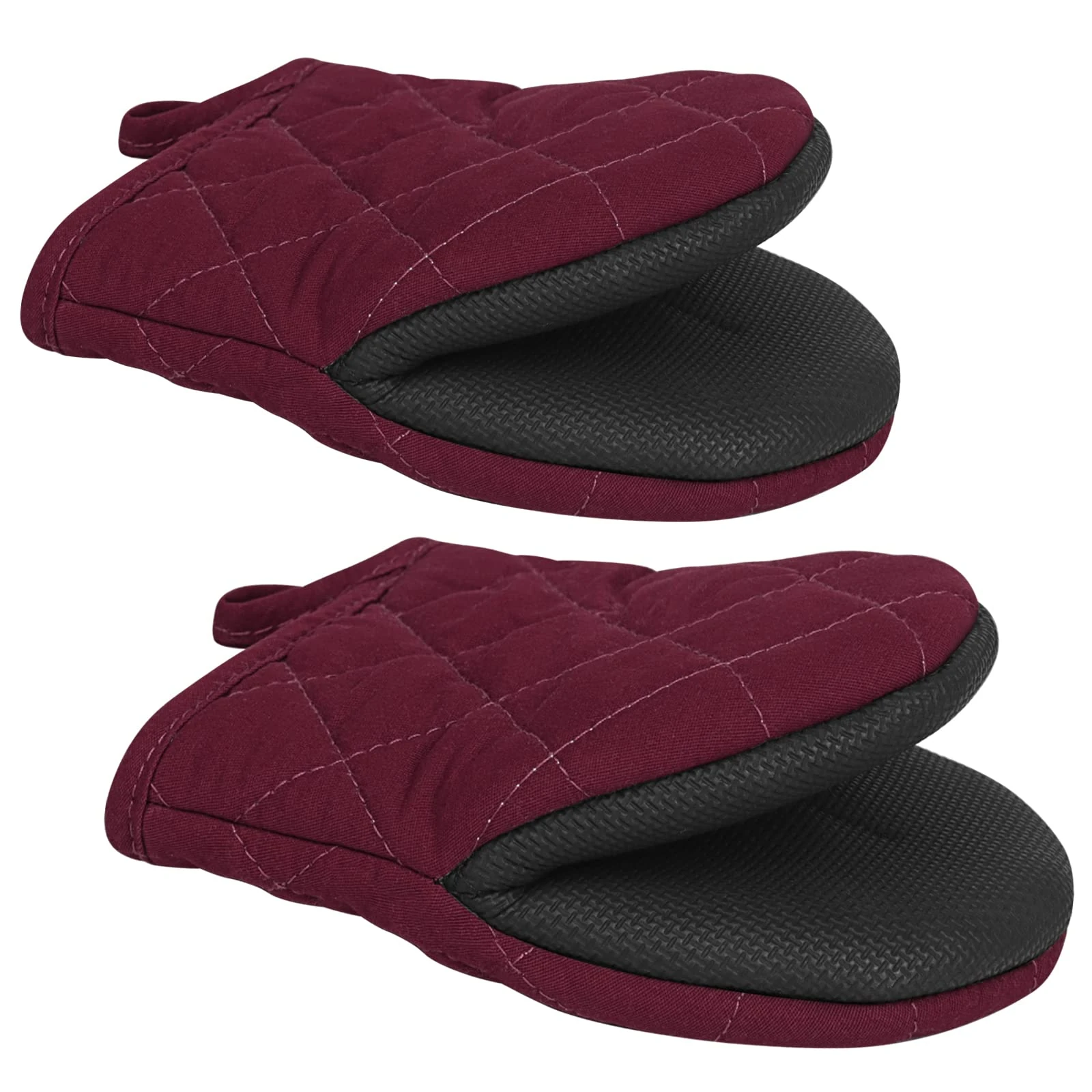 Qulable 1 Pair Short Oven Mitts - Silicone Kitchen Oven Gloves High Heat Resistant 500℉, Mini Oven Mits with Non-Slip Grip Surfaces and Hanging Loop for BBQ, Baking, Cooking and Grilling (Dark Red)