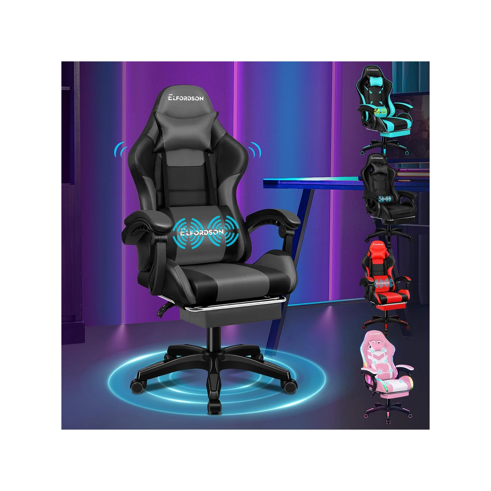 ELFORDSON 2-point Massage Gaming Chair with XL Lumbar Cushion Headrest Footrest, Comfy Computer Office Chairs Tall Back Heavy Duty for Home Office, Grey and Black