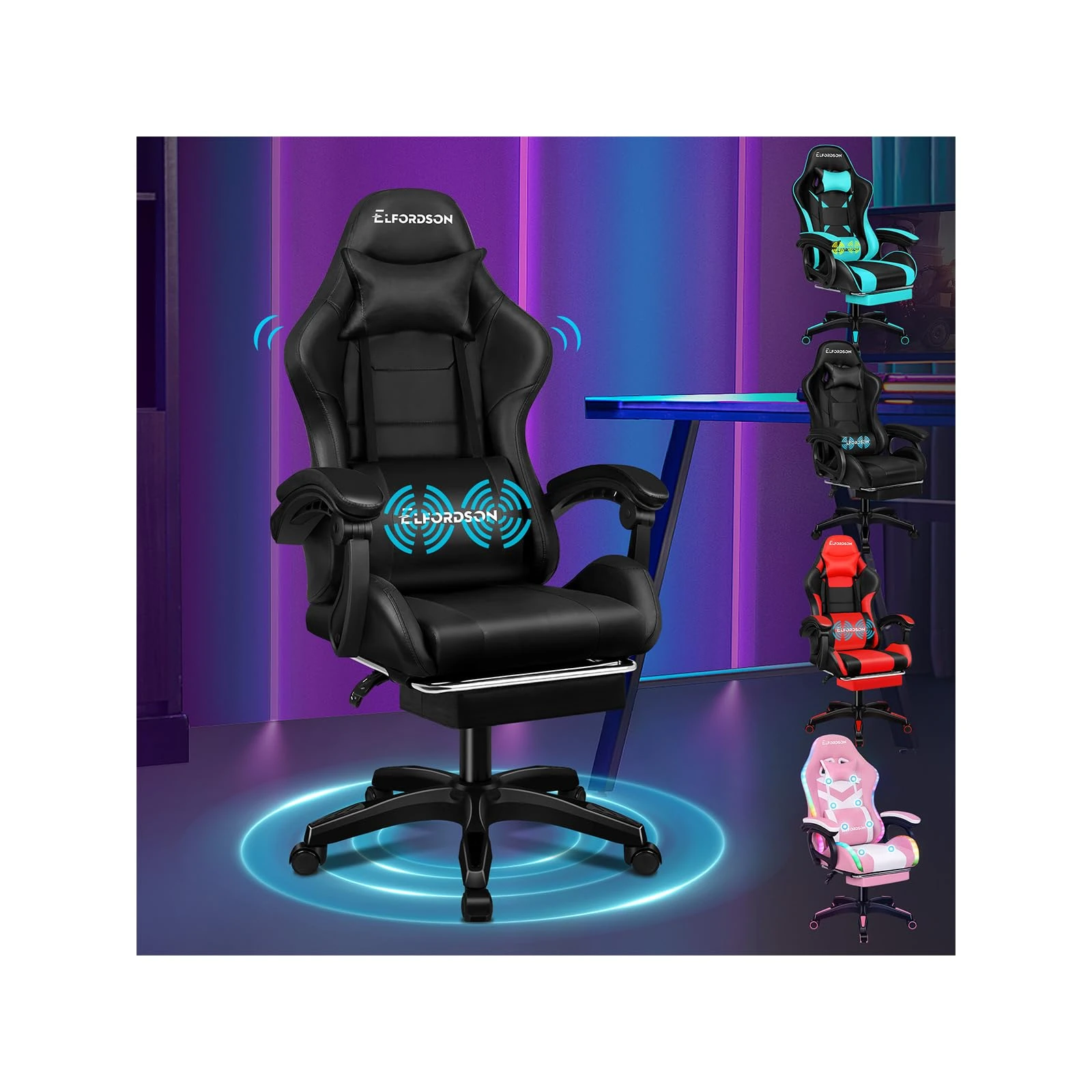 ELFORDSON 2-point Massage Gaming Chair with XL Lumbar Cushion Headrest Footrest, Comfy Computer Office Chairs Tall Back for Home Office, Black