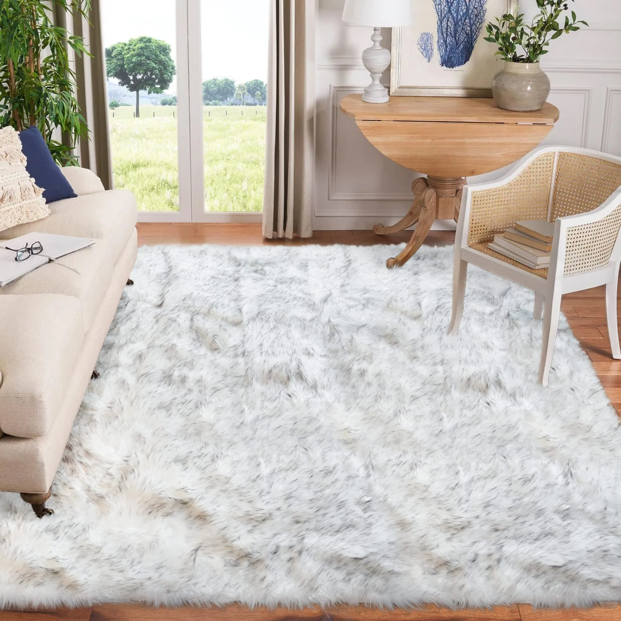 Goolela Area Rug 10x12 White and Grey Tips Faux Fur for Living Room, Faux Sheepskin Fluffy Shaggy for Bedroom, Fuzzy for Entertainment Room Rectangle