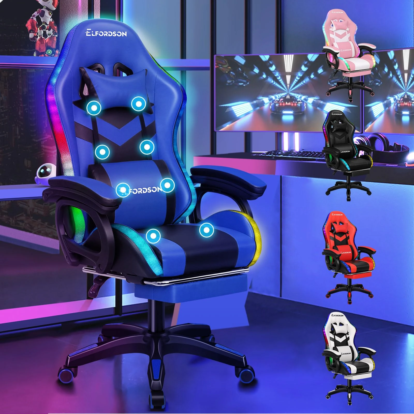 ELFORDSON LED Gaming Chair, 8-Point Massage Computer Office Chair with Lumbar Support Footrest 82cm High Back 150° Recliner, Adults and Kids, Blue