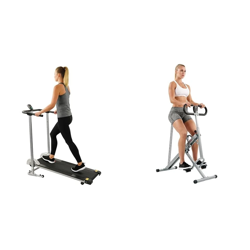 Sunny Health & Fitness Squat Assist Upright Row-N-Ride Rowing Machine, Horse Riding Machine - NO.077S and Foldable Treadmill, Manual Compact Mini Treadmill SF-T1407M