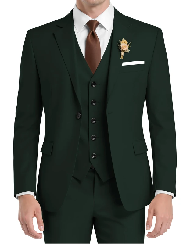 Wangyue Men 3 Piece Suit Slim Fit Suits for Men Single Breasted Solid Wedding Outfit One Button Blazer Vest Pants Sets, Hunt Green, L