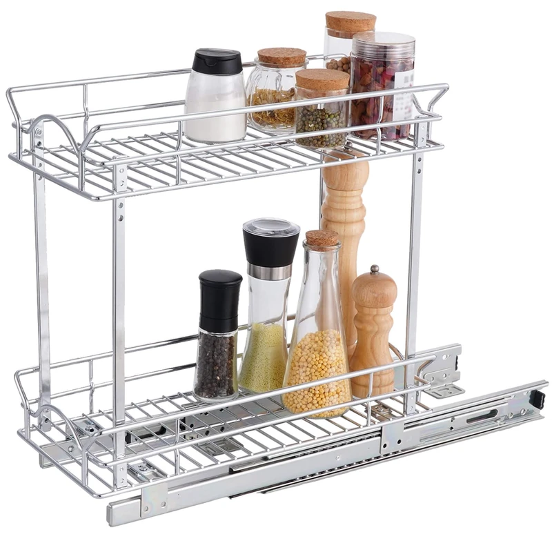 OCG Slide Out Cabinet Organizer for Narrow Cabinet (9" W X 17" D), 2 Tier Pull Out Shelves Slim Sliding Cabinet Organizer and Storage, Chrome