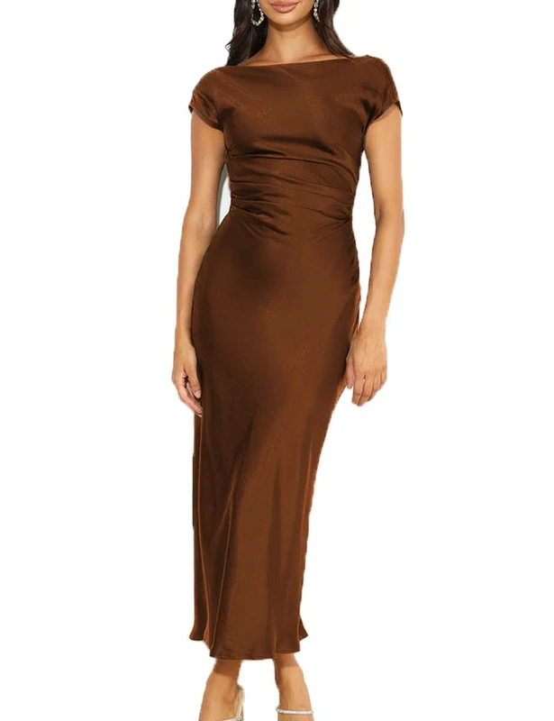 Gmeitoey 2023 Satin Cap Sleeve Cowl Back Summer Dresses for Women Elegant Ruched Waist Wedding Guest Midi Dress Emerald…, Brown, XL