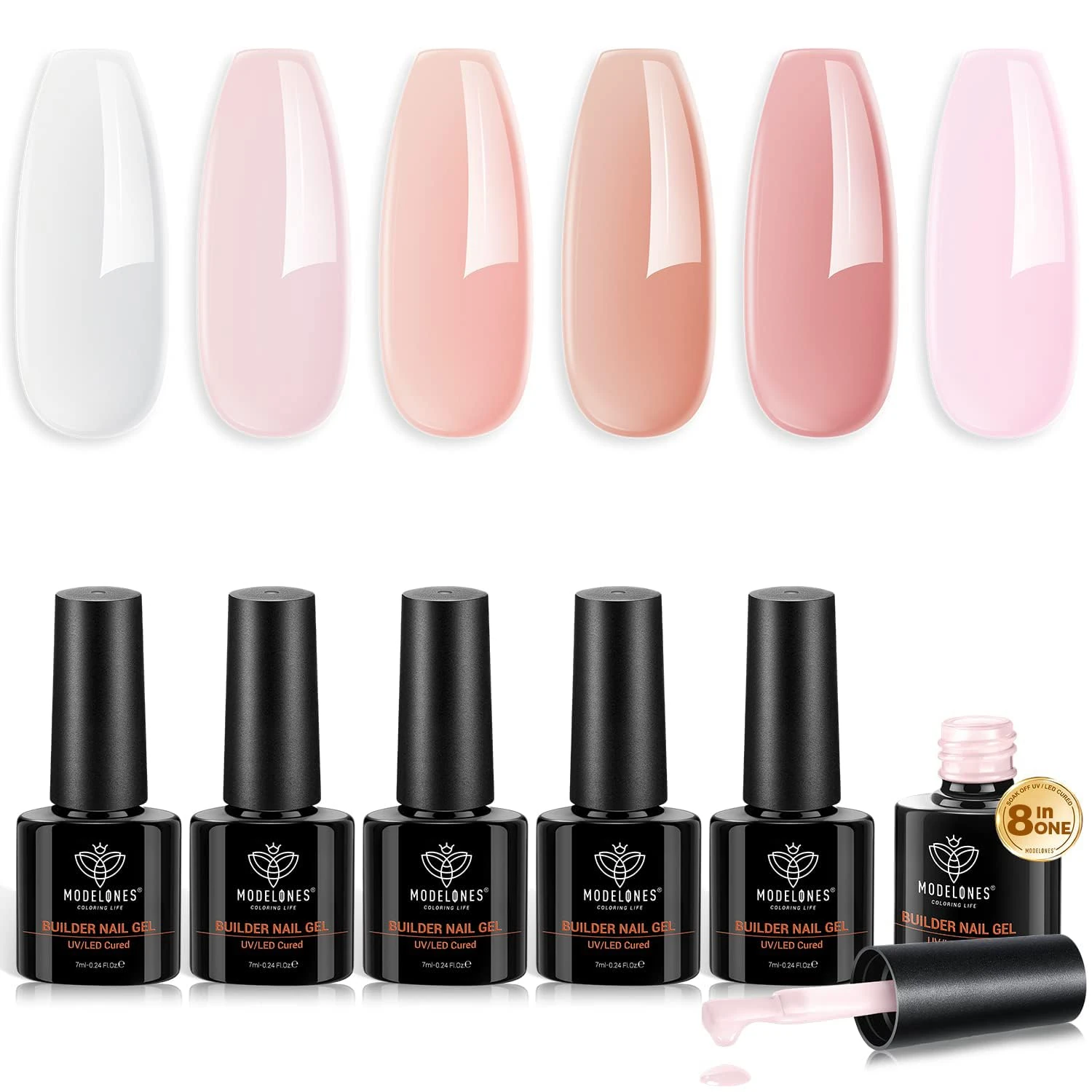 Modelones 8-in-1 Builder Nail Gel, 6 Colors Pink Builder Gel for Nails, Hard Gel Builder Nail Extension Gel Builder Gel in a Bottle for Nail Starter
