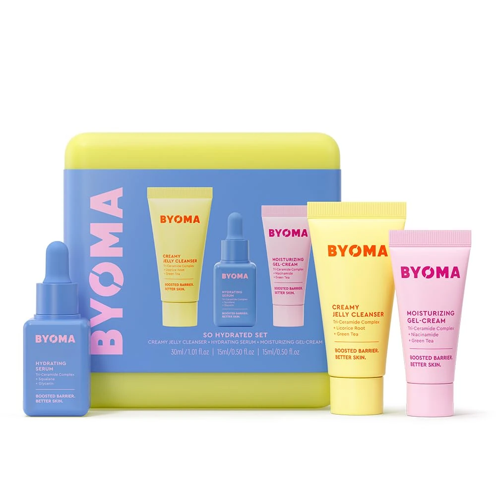 BYOMA So Hydrated Set - Barrier Repair Skincare Set (30ml, 15ml, 15ml) Creamy Jelly Cleanser, Hydrating Face Serum and Ceramide Face Moisturiser for Dry Skin - Anti Wrinkle, Alcohol Free, Vegan