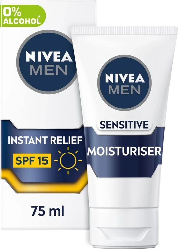 NIVEA MEN Sensitive Face Moisturiser SPF15 (75ml), 0% Alcohol Moisturiser Relieves 5 Signs of Skin Irritation and Protects Skin Against UVA/UVB Rays, Non-Greasy Formula