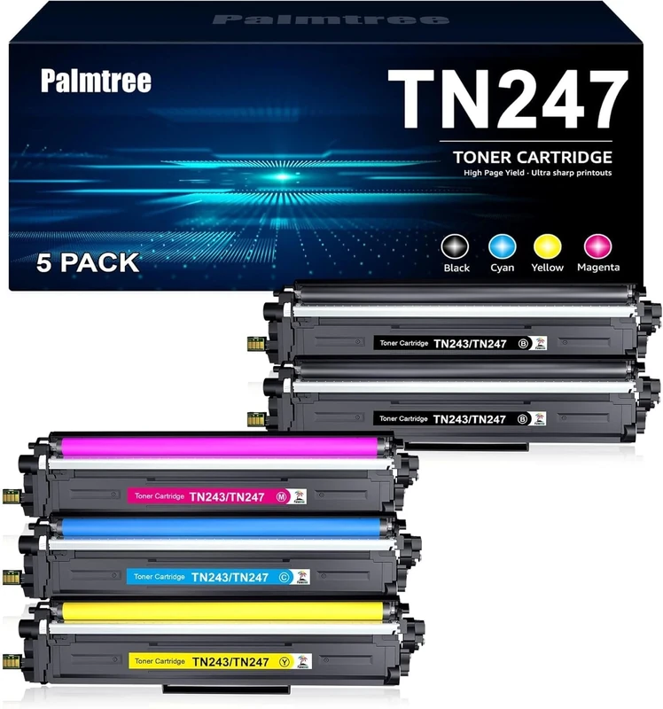 Palmtree Compatible Brother TN-243CMYK Toner Value Pack TN247 Toner Cartridges Brother DCP-L3550CDW Toner DCP-L3510CDW HL-L3230CDW HL-L3210CW MFC-L3710CW MFC-L3750CDW Black Cyan Yellow Magenta 5-Pack