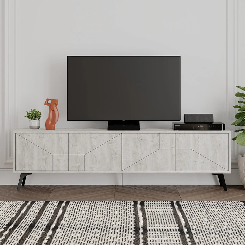 HOCUS PICUS Modern Tv Stand with 4 Door, Large TV Unit, Wooden TV Cabinet with Storage, Entertainment Room Unit Center for Living Room, Office, Lounge, Bedroom 29.6(D)x50(H)x180(W)cm (Ancient White)