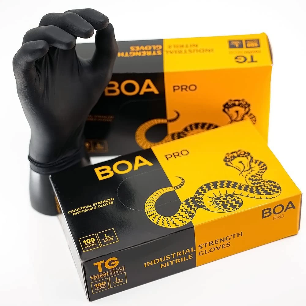TG TOUGH GLOVE BOA PRO (XL) Nitrile Gloves (Pack Of 100) | Strong Black Disposable Gloves | Powder & Latex Free Strong Lightweight Mechanic Industrial Gloves