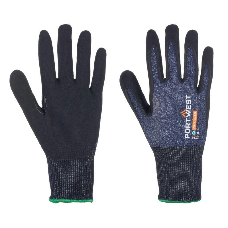 Portwest AP18 12 PACK SG Cut C15 Eco Nitrile Glove Sustainable Cut-Resistant Recycled PET Touchscreen Work Gloves High-Grip Breathable Durable Fit, Blue/Black, X-Small