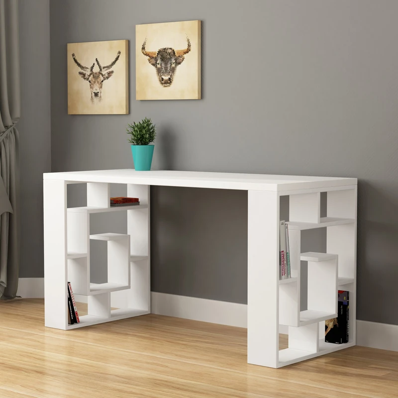 HOCUS PICUS Working Desk with Geometric Design, Modern Study Desk with Open Shelves, Rectangular Work Table for Student Worker, Office Place, Home, Hotels and Library 75(H)x60(D)x137(W)cm (White) - Image 1