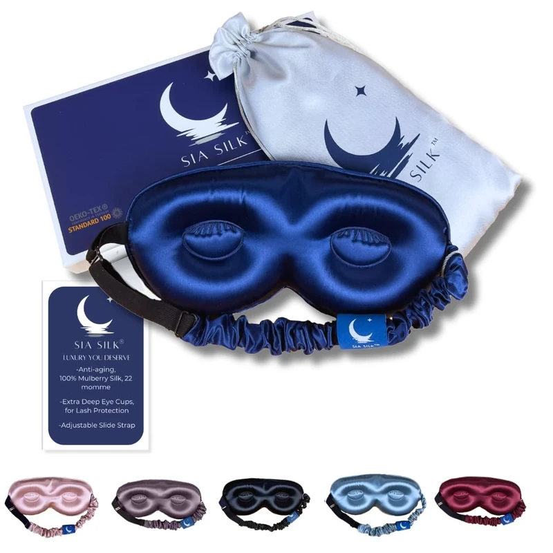 Silk Sleep Mask with Eye Cups – No-Pressure 3D Eye Covers for Sleeping with Eyelash Extensions – Made of Thick Memory Foam – Adjustable, Blackout Silk Eye Sleep Mask for Women & Men by Sia Silk -Navy