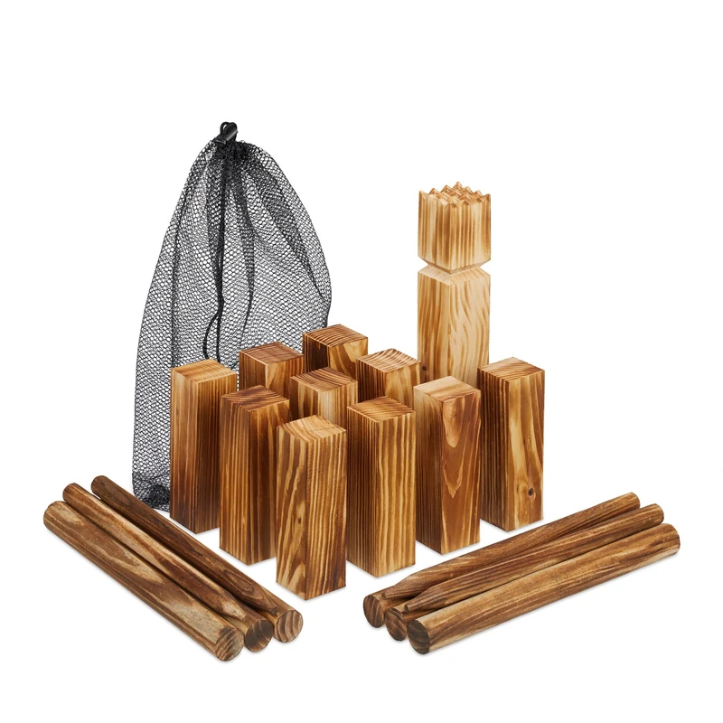 Relaxdays Viking Game, Wooden, Kubb, Swedish Chess, 21 Blocks, Throw, Play, Outdoor, Children & Adult, Travel Bag, Brown, Wood, 31 x 18 x 13 cm