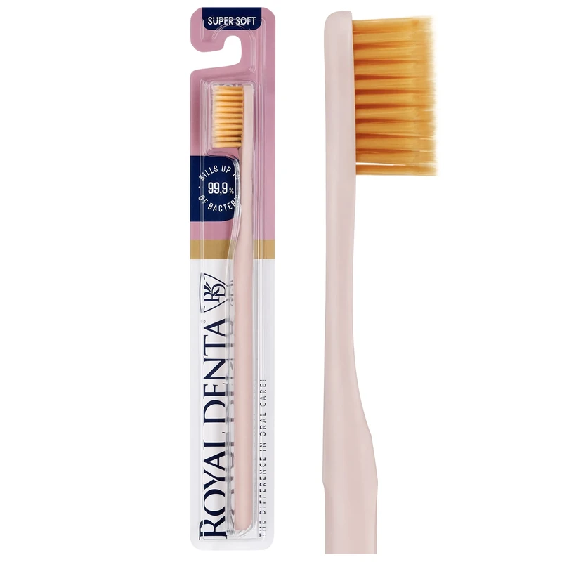 Royal Denta Very Soft Toothbrush for Adults, Extra Soft Bristle Manual Tooth Brush for Sensitive Teeth and Gums with Dual Length Gold Infused Bristles, Made in Korea (Pink)
