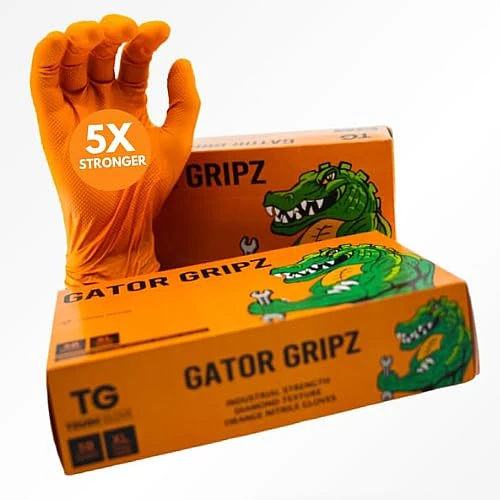 TG TOUGH GLOVE Gator Gripz Nitrile Gloves (Pack Of 50) | Diamond Texture Orange Disposable | Powder & Latex Free | Strong Heavy-Duty
