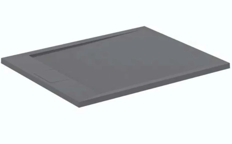 Ideal Standard - Ultra Flat S i.Life, Rectangular Shower Tray 100x80 in Resin, Short Side Drain Waste, Stone Effect matt Finish, Concrete Grey