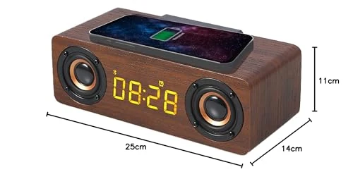 APM 425024 Wooden Bluetooth Speaker with FM Radio, Wireless Charging Induction for Smartphone, USB Charging Port, Adjustable Brightness, Digital Alarm Clock LED Display, 425024 - Image 1
