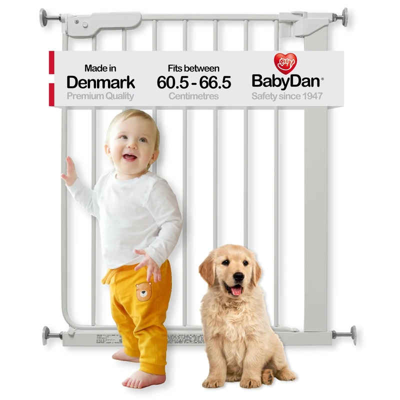 BabyDan Esbjerg, Slim Pressure Fit Stair Gate, 60.5-66 cm, White, Made in Denmark, Extra Slim Baby/Safety Gate, dogs