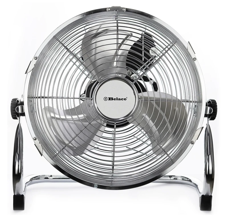 Belaco 9-Inch Metal Floor Fan, High Velocity Chrome Cooling Fan, 3-Speed Free-Standing Air Circulator with Adjustable Tilt for Home, Office, Bedroom, Living Room, Gym & Garage