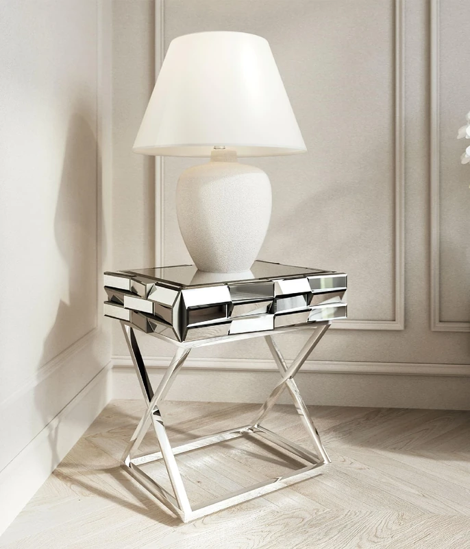 CARME Knightsbridge Collection - Grey & Silver Mirrored Side Table - 3D Glass Effect Design - With Drawer - Chrome Crossed Legs - Bedroom Living - Room Furniture