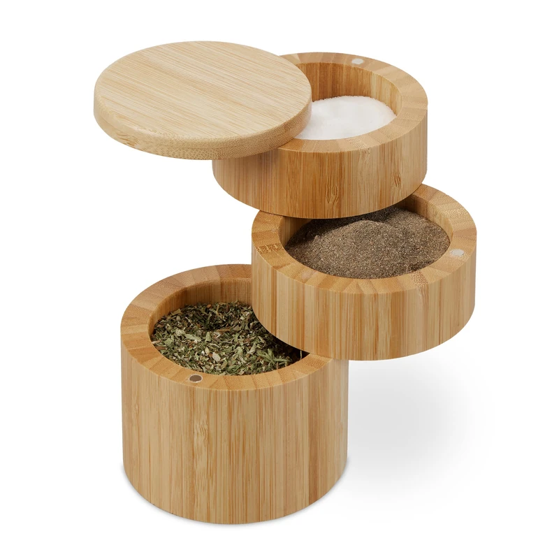 Relaxdays Spice Jar with Lid, 3 Rotating Sections, Natural Bamboo, Salt Container, HxØ: 13 x 9 cm, Magnetic, 13 x 9 x 9 cm